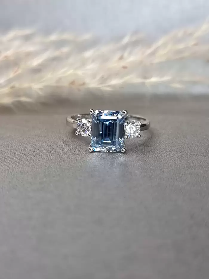 3.00ct Vivid Blue Emerald Cut Moissanite Ring on